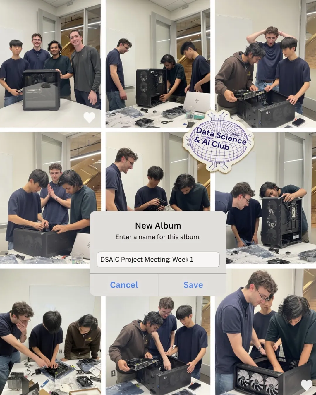 Photo collage of club members assembling a PC at the week 1 project meeting
