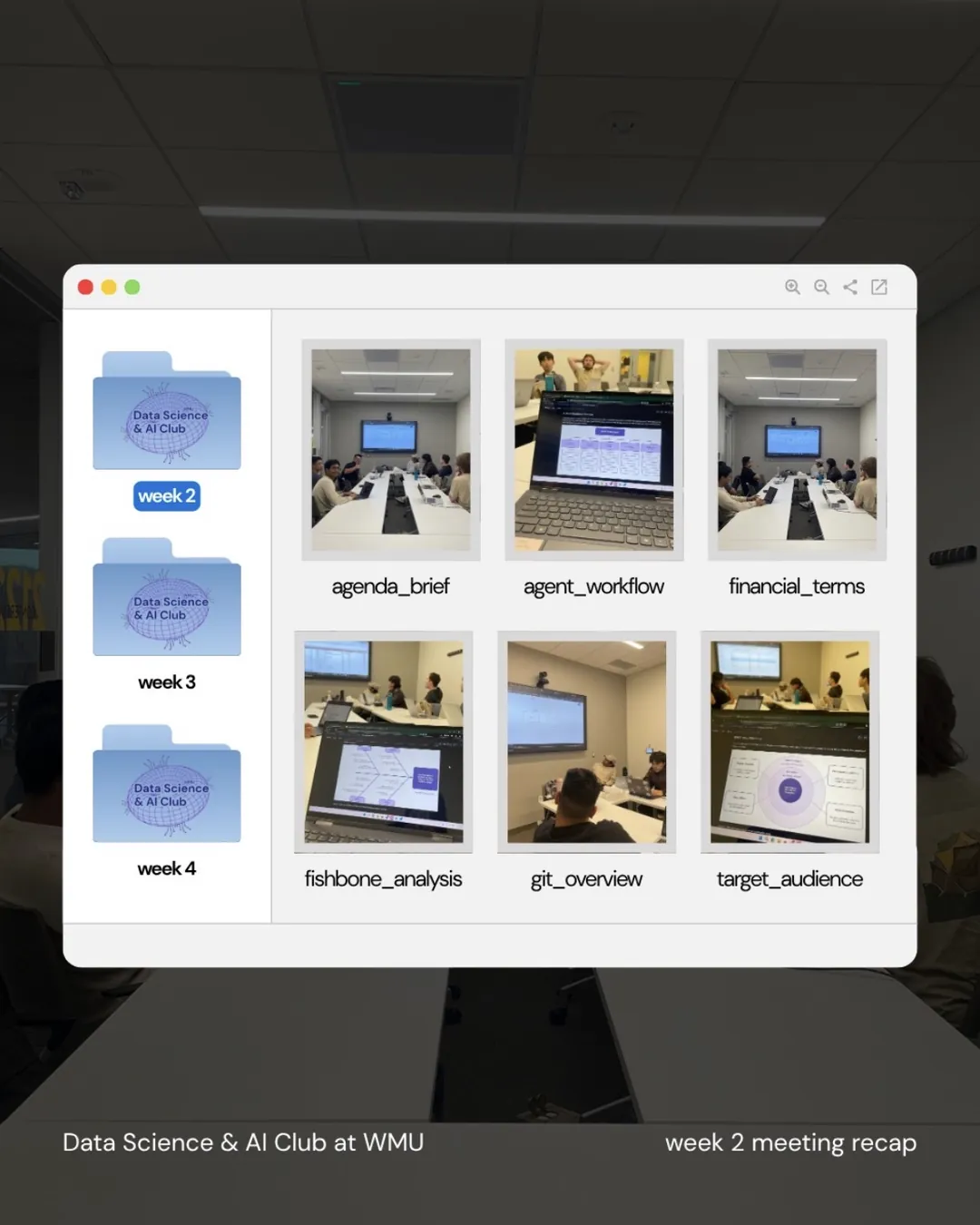 Week 2 meeting recap: members around the conference table, with slides on the agenda, agent workflow, financial terms, fishbone analysis, git, and target audience